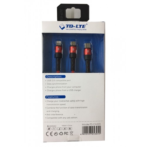 USB Data Cable TD-CA305 Black/Red 3 IN 1